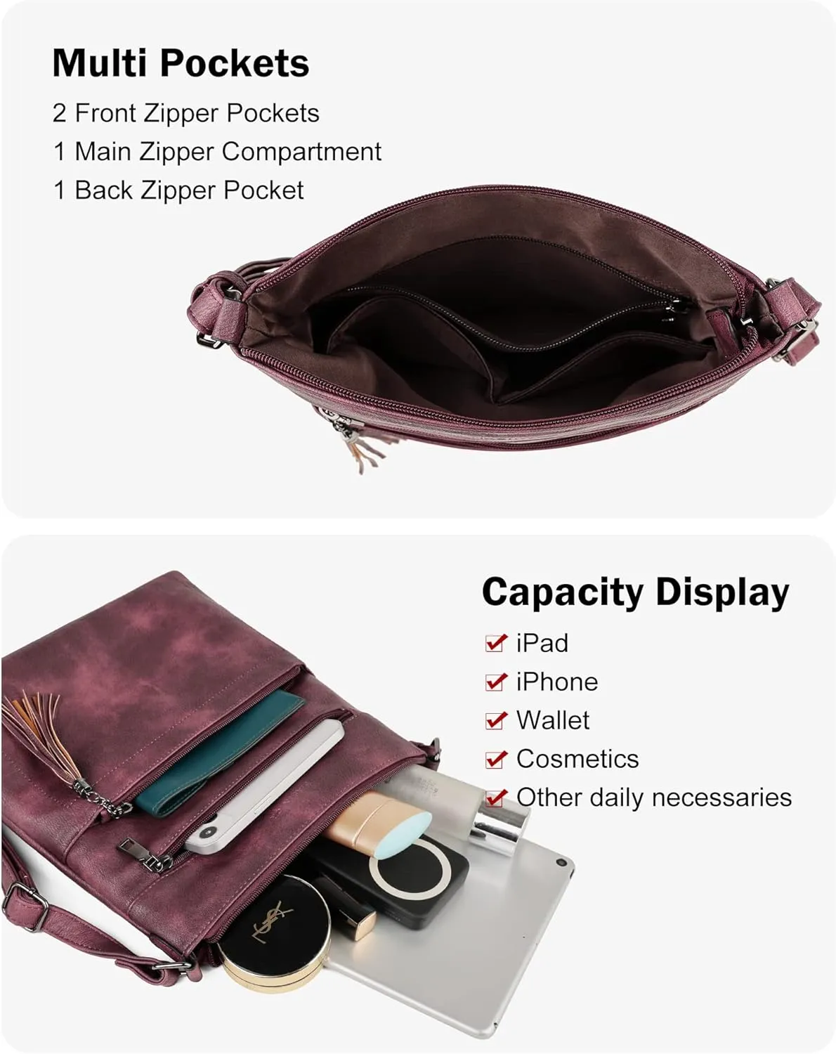 MASINTOR Crossbody Purses for Women, Multi Pocket Casual Crossbody Bag, Adjustable Strap Shoulder Bag with Tassel
