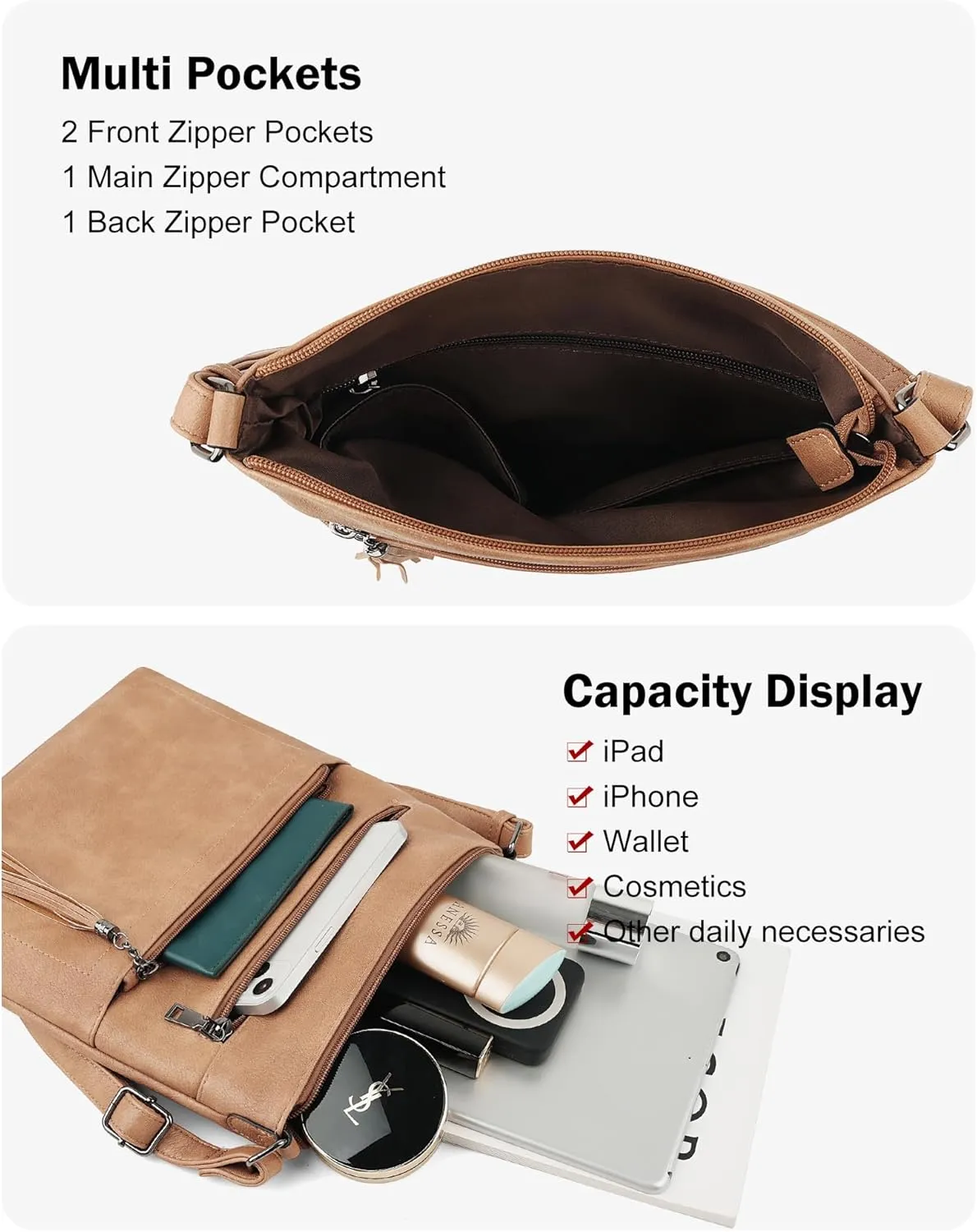MASINTOR Crossbody Purses for Women, Multi Pocket Casual Crossbody Bag, Adjustable Strap Shoulder Bag with Tassel