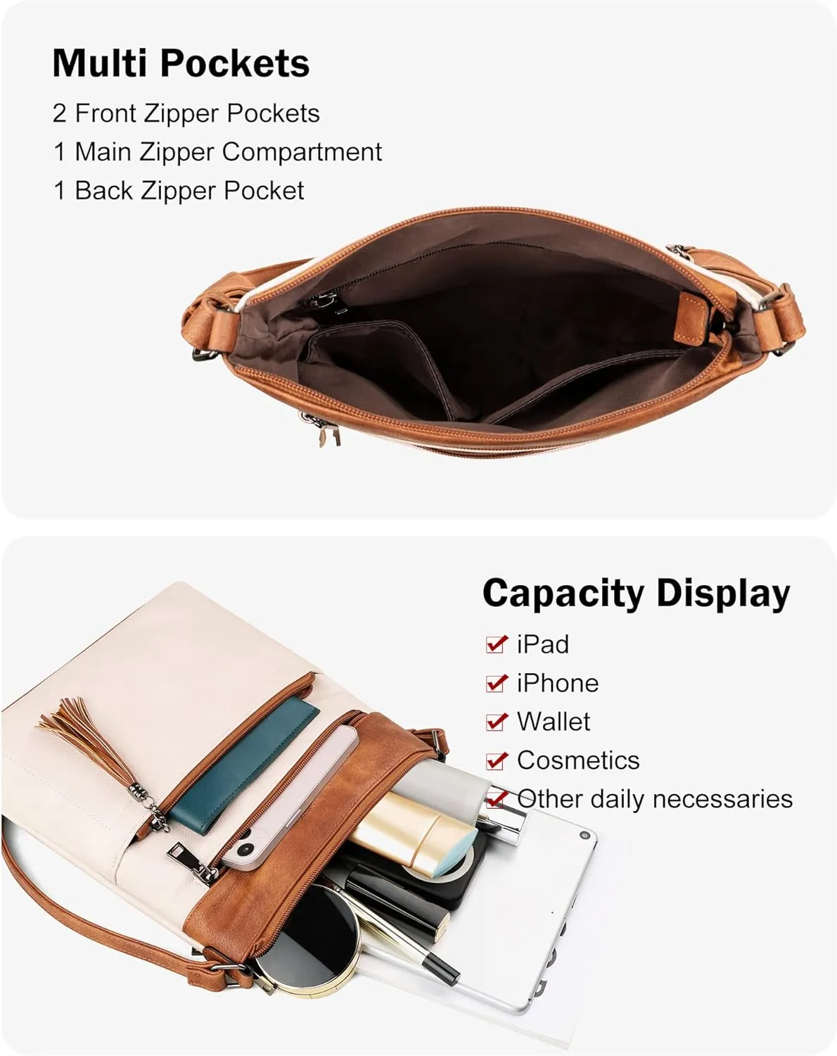 MASINTOR Crossbody Purses for Women, Multi Pocket Casual Crossbody Bag, Adjustable Strap Shoulder Bag with Tassel