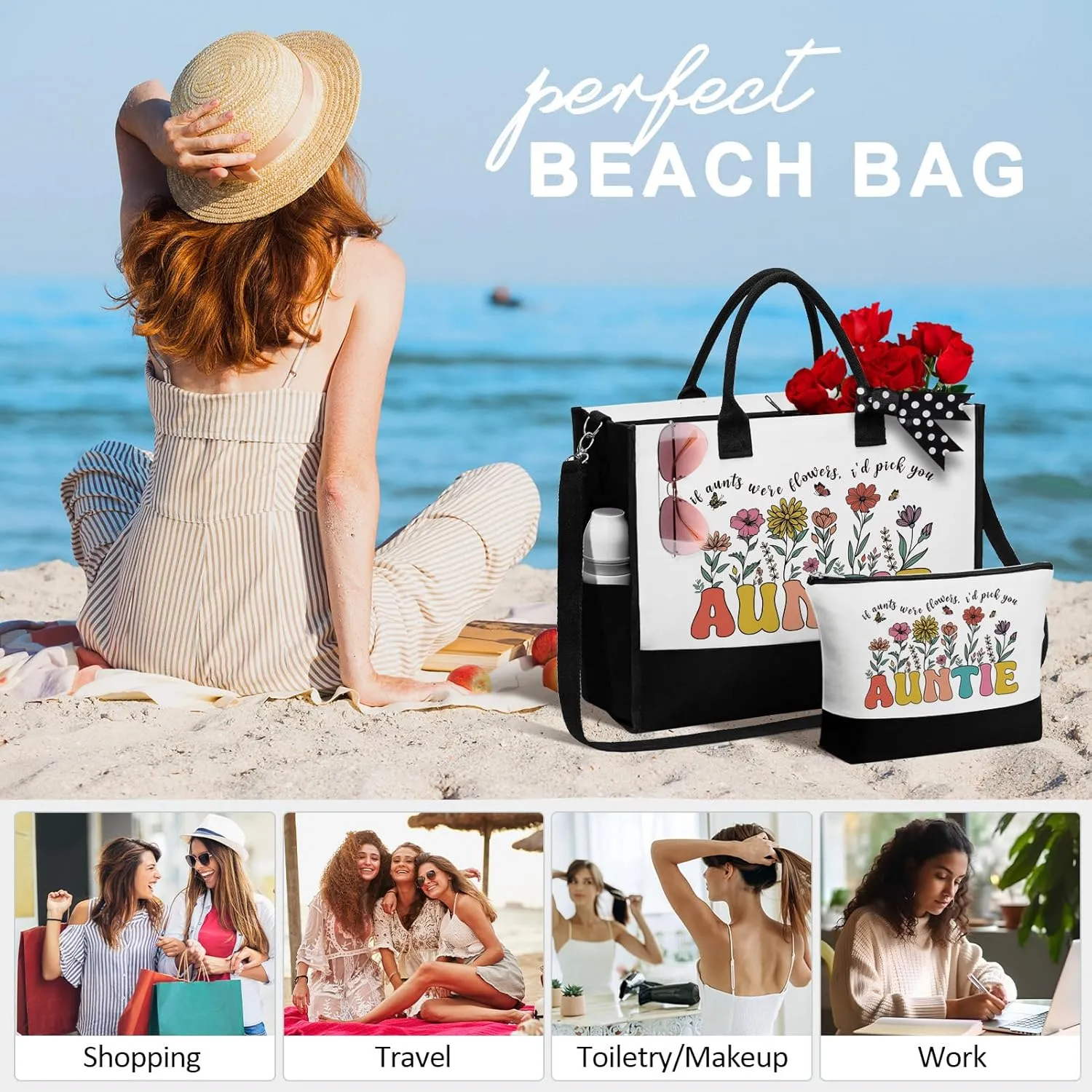 MAYICIVO Aunt Mothers Day Gifts from Niece Nephew, Auntie Mothers Day Gifts from Niece Nephew, Auntie Canvas Tote Bag & Makeup Bag for Aunt Birthday, Christmas, Retirement Gift