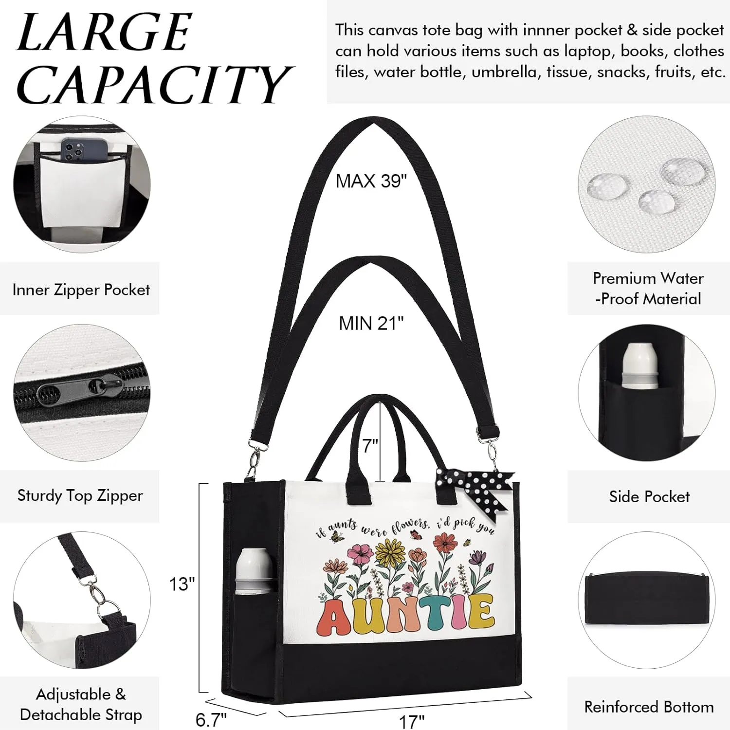 MAYICIVO Aunt Mothers Day Gifts from Niece Nephew, Auntie Mothers Day Gifts from Niece Nephew, Auntie Canvas Tote Bag & Makeup Bag for Aunt Birthday, Christmas, Retirement Gift