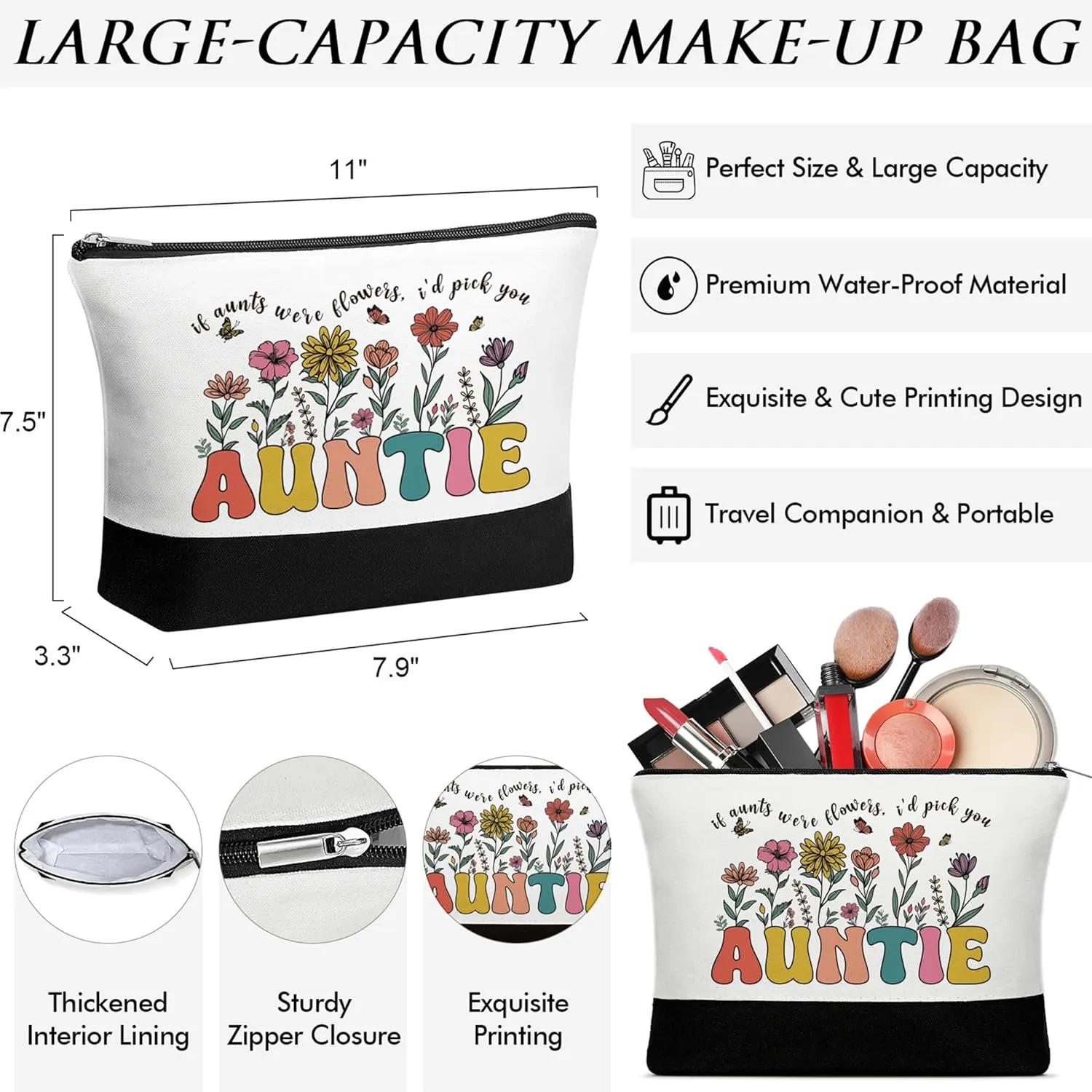 MAYICIVO Aunt Mothers Day Gifts from Niece Nephew, Auntie Mothers Day Gifts from Niece Nephew, Auntie Canvas Tote Bag & Makeup Bag for Aunt Birthday, Christmas, Retirement Gift