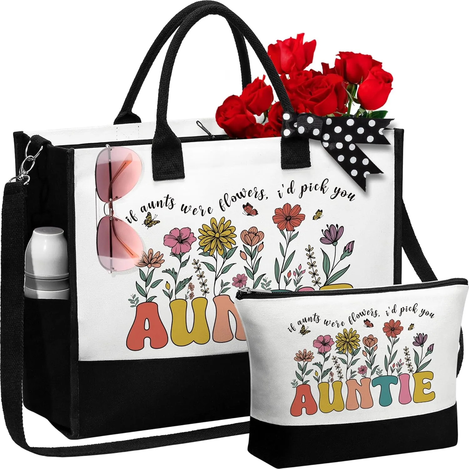 MAYICIVO Aunt Mothers Day Gifts from Niece Nephew, Auntie Mothers Day Gifts from Niece Nephew, Auntie Canvas Tote Bag & Makeup Bag for Aunt Birthday, Christmas, Retirement Gift