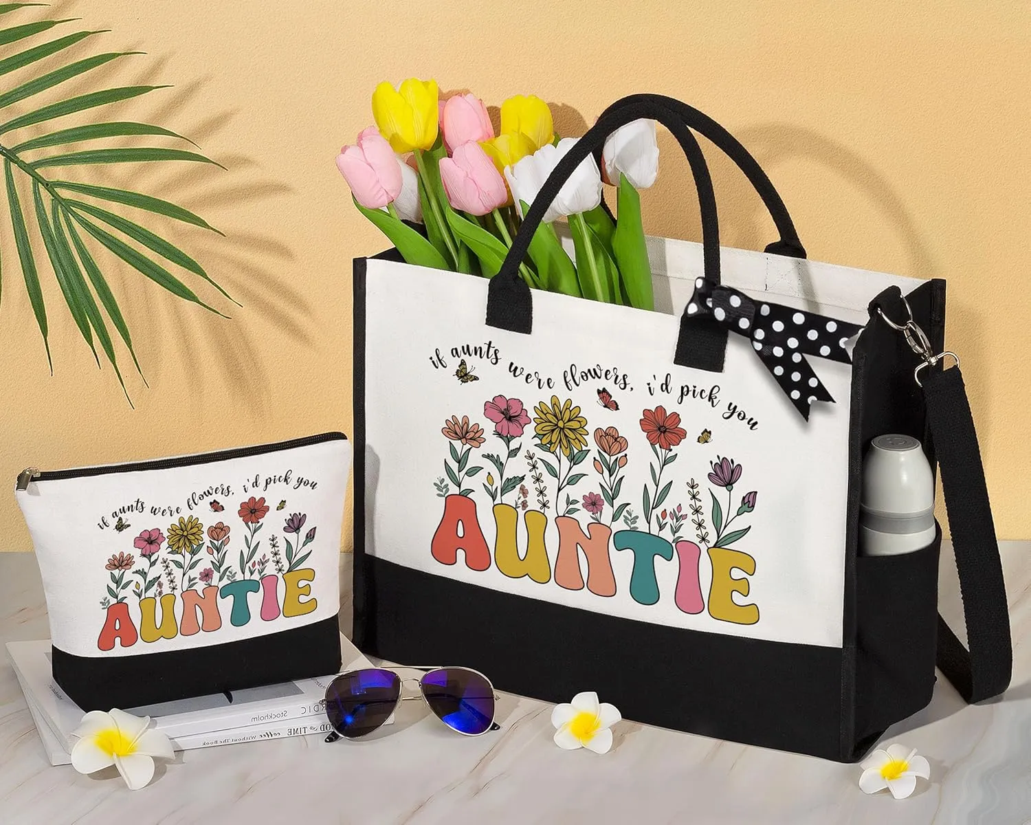 MAYICIVO Aunt Mothers Day Gifts from Niece Nephew, Auntie Mothers Day Gifts from Niece Nephew, Auntie Canvas Tote Bag & Makeup Bag for Aunt Birthday, Christmas, Retirement Gift
