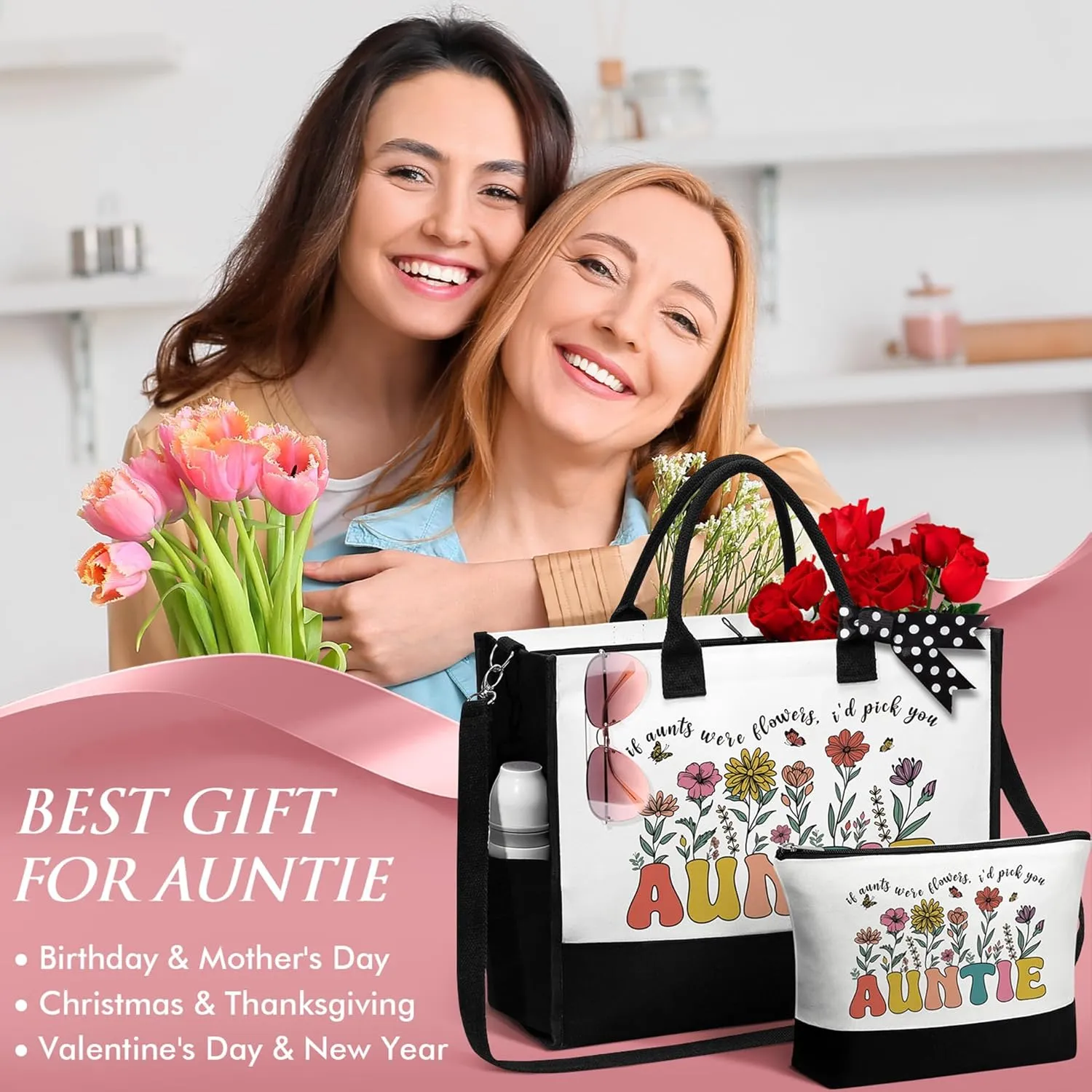 MAYICIVO Aunt Mothers Day Gifts from Niece Nephew, Auntie Mothers Day Gifts from Niece Nephew, Auntie Canvas Tote Bag & Makeup Bag for Aunt Birthday, Christmas, Retirement Gift