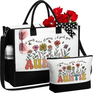 MAYICIVO Aunt Mothers Day Gifts from Niece Nephew, Auntie Mothers Day Gifts from Niece Nephew, Auntie Canvas Tote Bag & Makeup Bag for Aunt Birthday, Christmas, Retirement Gift