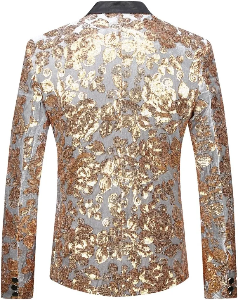 Men Fashion Velvet Sequins Floral Pattern Suit Jacket Blazer