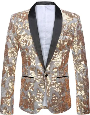 Men Fashion Velvet Sequins Floral Pattern Suit Jacket Blazer