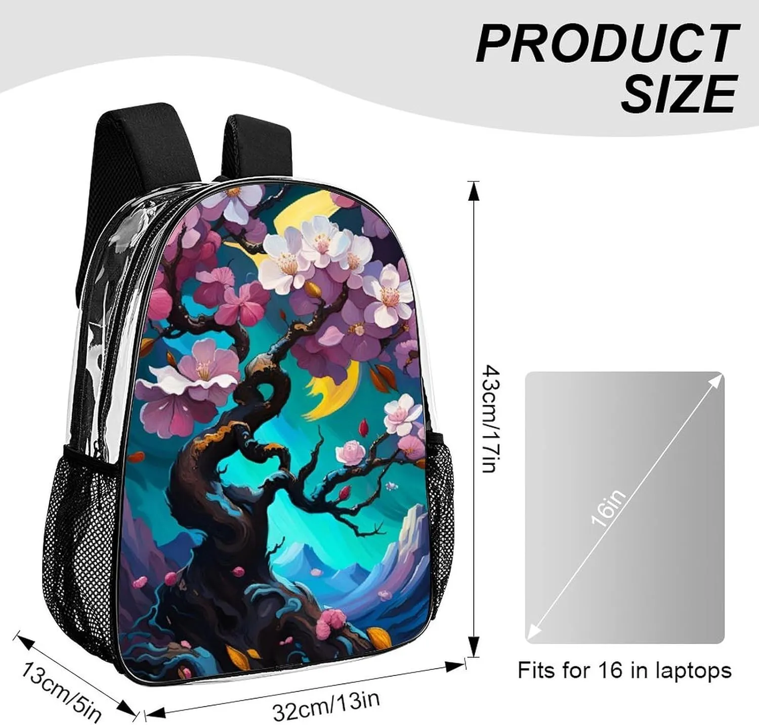 Men Women Lightweight Almond Blossom Floral Art Backpack Large Capacity Bookbag Transparent Bag for Gym Business Running