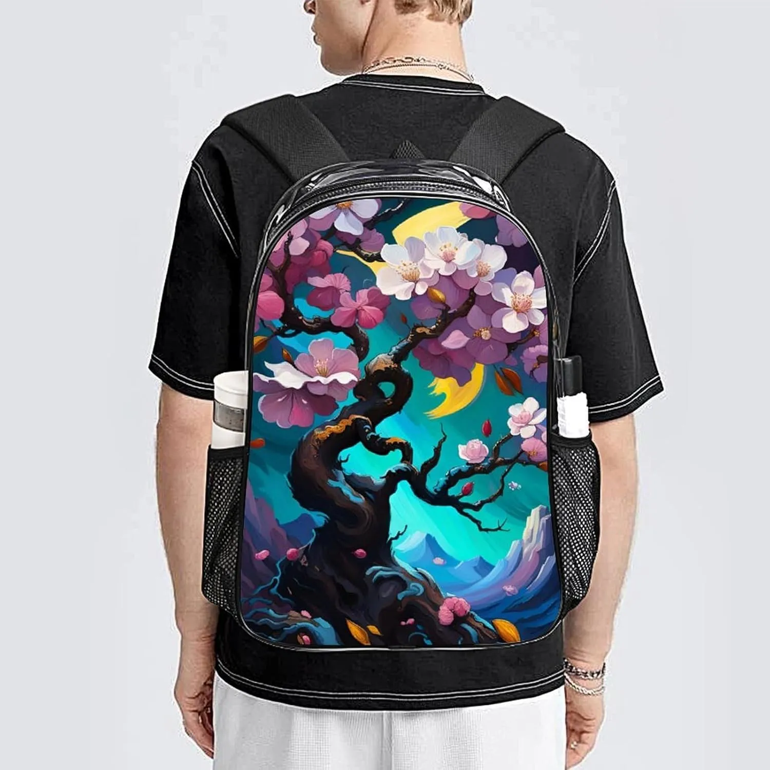 Men Women Lightweight Almond Blossom Floral Art Backpack Large Capacity Bookbag Transparent Bag for Gym Business Running