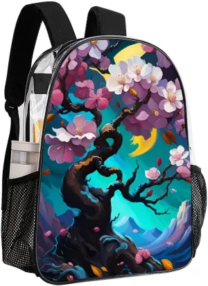 Men Women Lightweight Almond Blossom Floral Art Backpack Large Capacity Bookbag Transparent Bag for Gym Business Running
