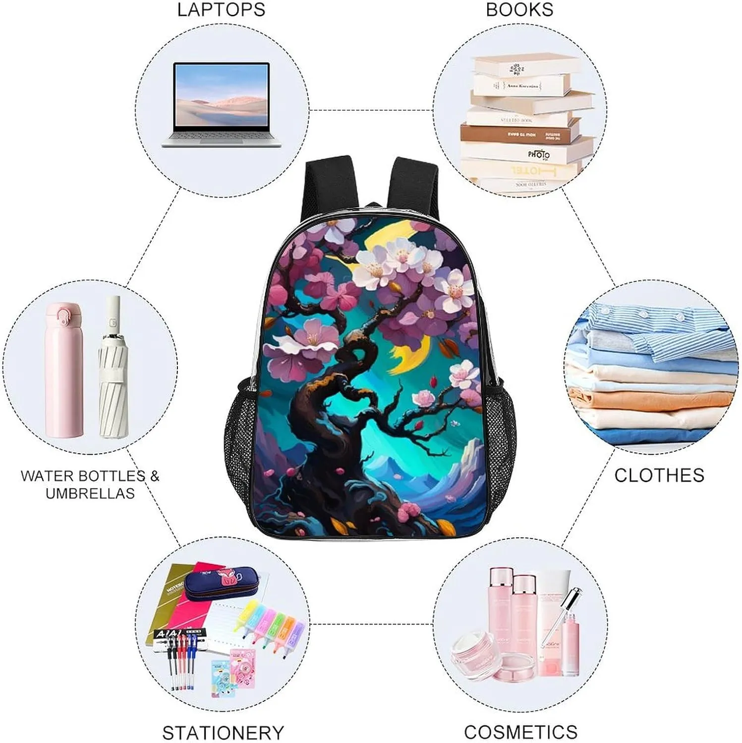 Men Women Lightweight Almond Blossom Floral Art Backpack Large Capacity Bookbag Transparent Bag for Gym Business Running