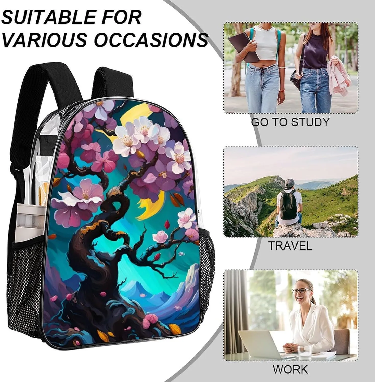 Men Women Lightweight Almond Blossom Floral Art Backpack Large Capacity Bookbag Transparent Bag for Gym Business Running