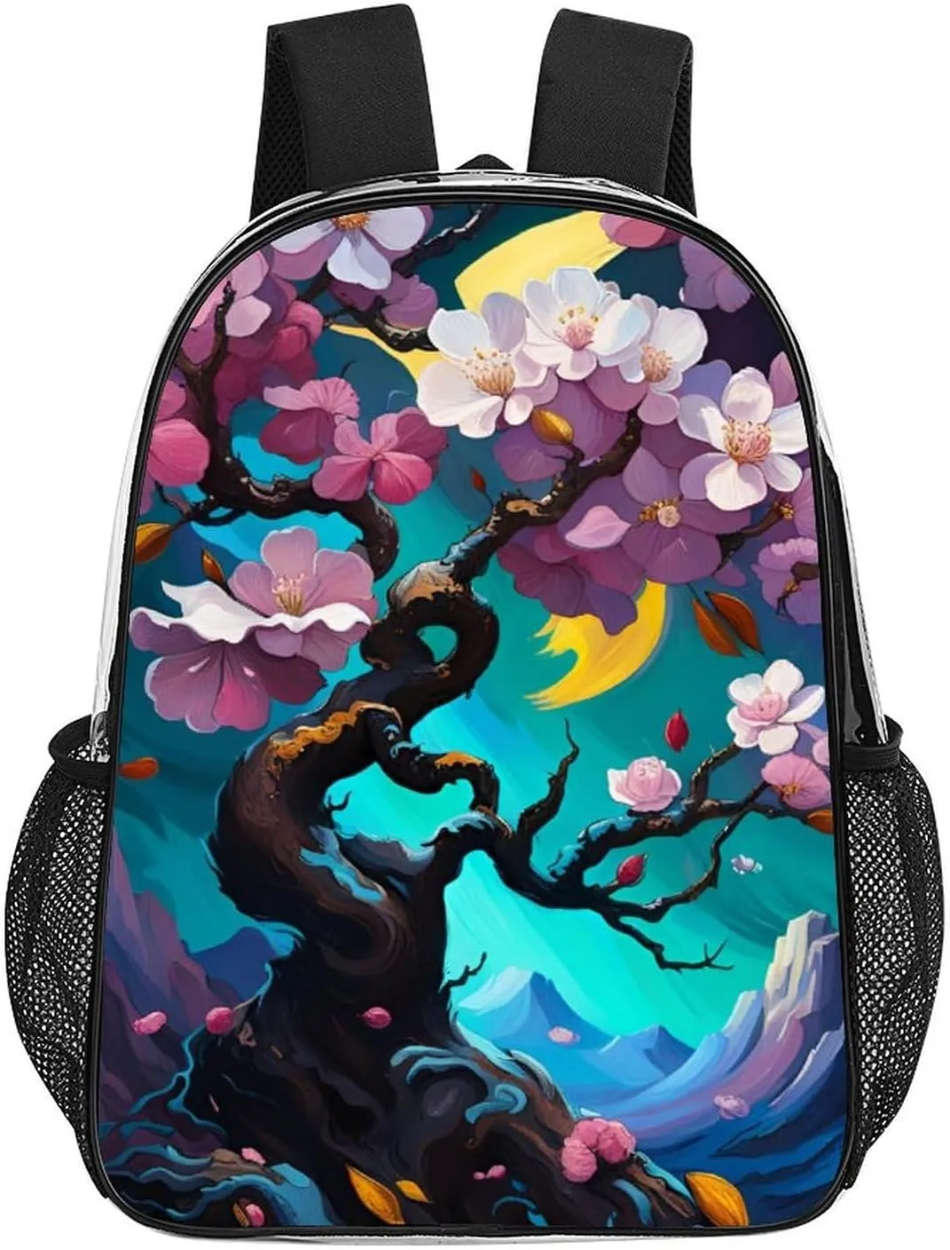 Men Women Lightweight Almond Blossom Floral Art Backpack Large Capacity Bookbag Transparent Bag for Gym Business Running