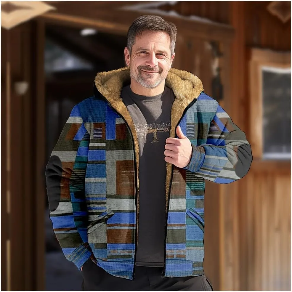 Mens Fuzzy Sherpa Jacket Long Sleeve Fleece Zip Up Coat Fall Winter Puffer Jacket Casual Zipper Varsity Coat Hooded