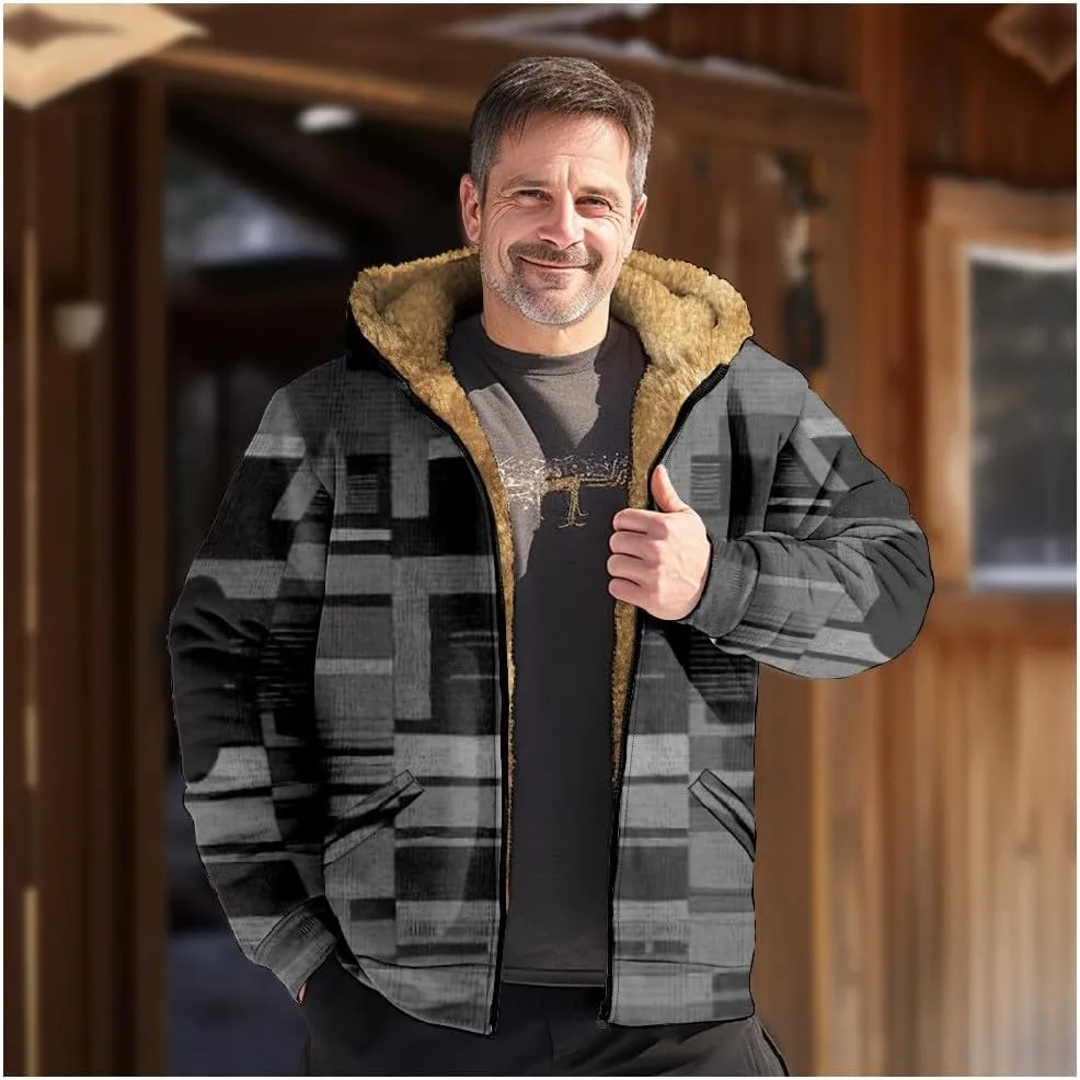 Mens Fuzzy Sherpa Jacket Long Sleeve Fleece Zip Up Coat Faux Puffer Jacket Outdoor Thick Casual Hoodies Hooded