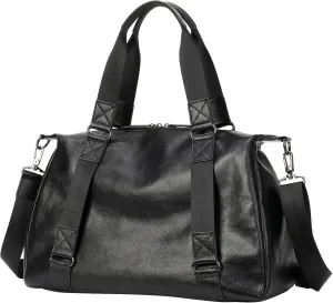 Men's Genuine Leather Duffel Bags Travel Tote Handbag Large Capacity Crossbody Bag with Adjustable Shoulder Strap (Black)
