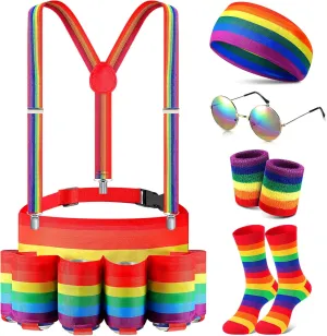 Mepase 6 Pcs Pride Day Rainbow Fanny Pack Beverage Beer Belt Costume Set Rainbow Drink Holder Belt Bag Suspenders Headband Wristband Headband and Socks
