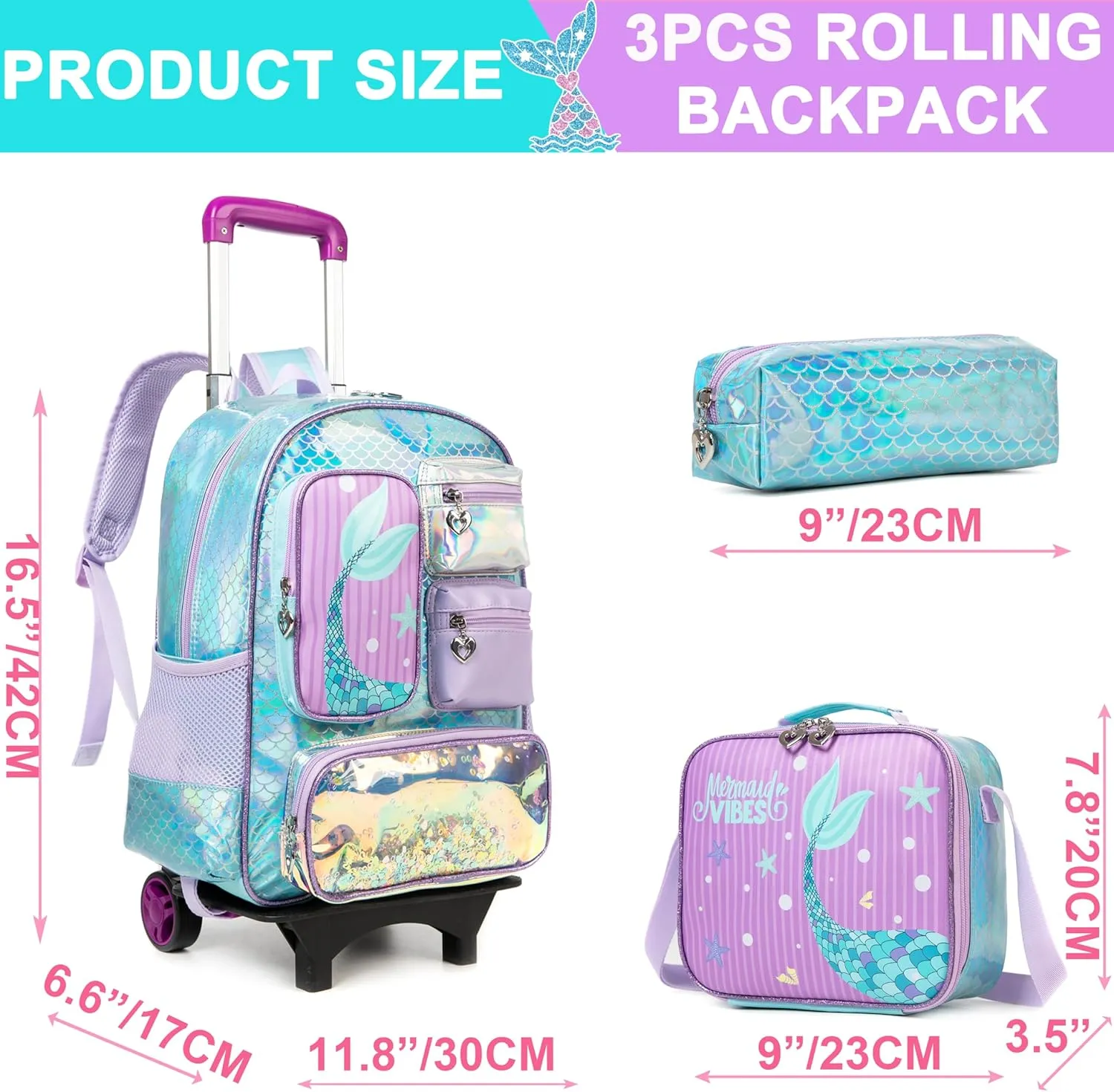 Mermaid Rolling Backpack for Girls Backpack with Wheels for Elementary Student Kids School Bag with Lunch Box Pencil Case for Girls Ages 6-8 Years Old