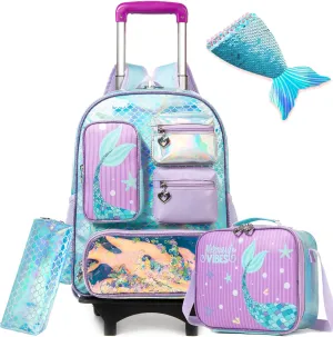 Mermaid Rolling Backpack for Girls Backpack with Wheels for Elementary Student Kids School Bag with Lunch Box Pencil Case for Girls Ages 6-8 Years Old