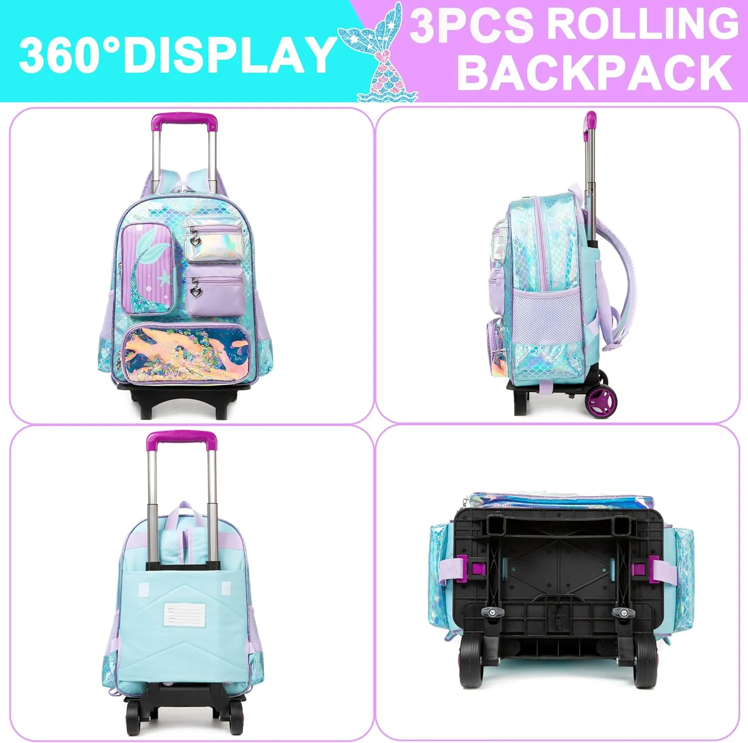Mermaid Rolling Backpack for Girls Backpack with Wheels for Elementary Student Kids School Bag with Lunch Box Pencil Case for Girls Ages 6-8 Years Old