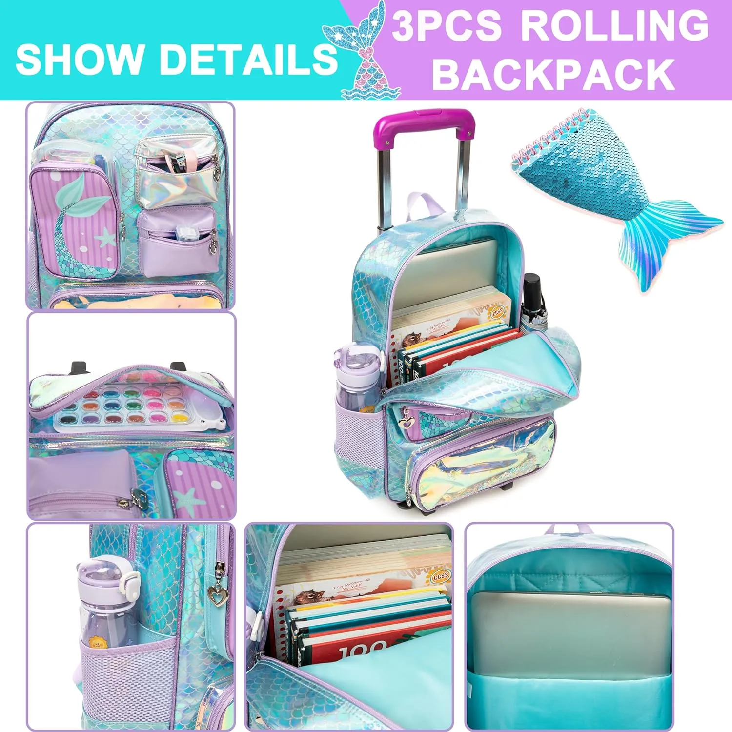 Mermaid Rolling Backpack for Girls Backpack with Wheels for Elementary Student Kids School Bag with Lunch Box Pencil Case for Girls Ages 6-8 Years Old