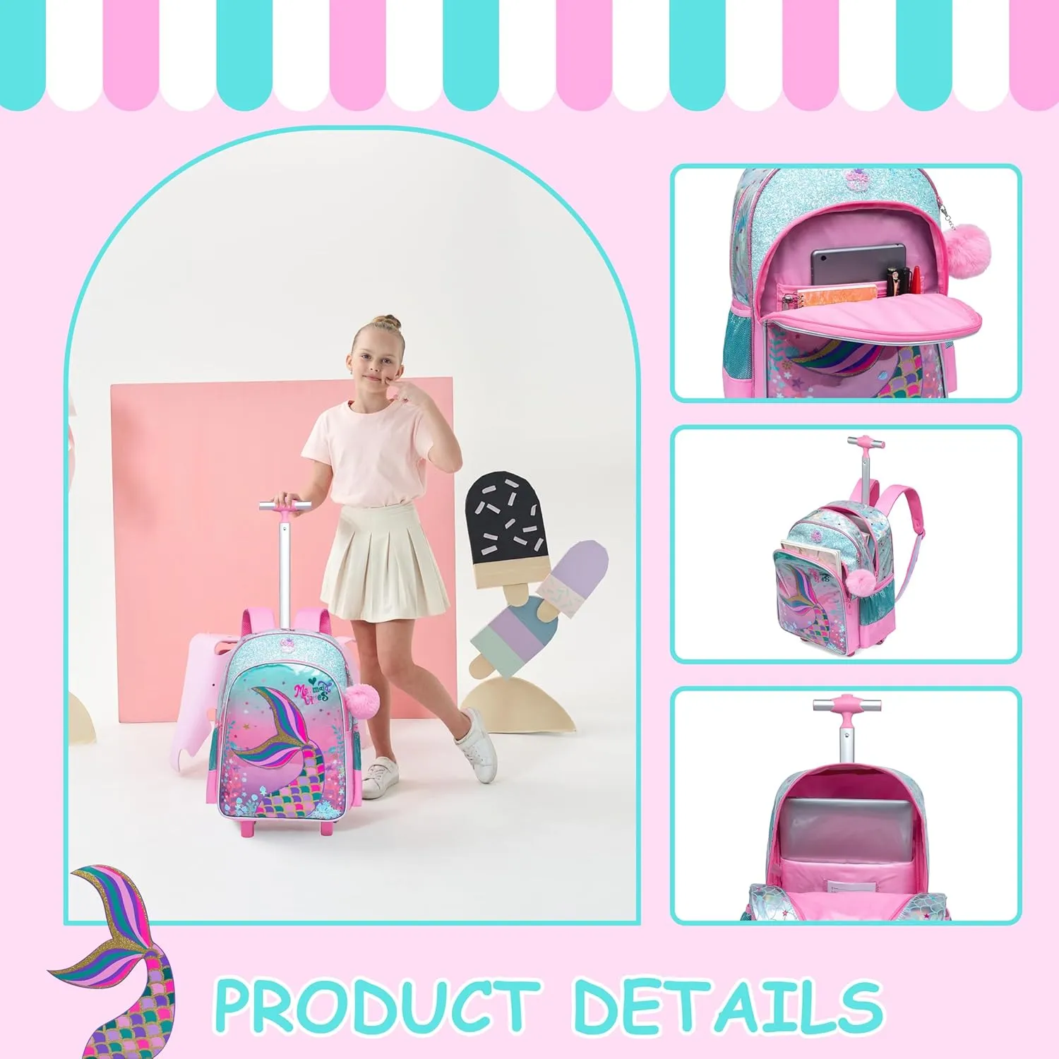 Mermaid Rolling Backpack for Girls with Lunch Box Kids Backpack with Wheels for School Cute Kids Rolling Backpacks for Girls Kindergarten