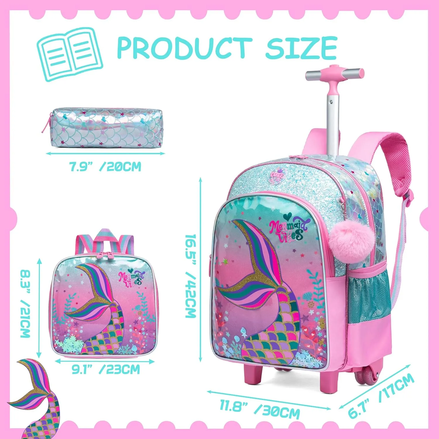 Mermaid Rolling Backpack for Girls with Lunch Box Kids Backpack with Wheels for School Cute Kids Rolling Backpacks for Girls Kindergarten
