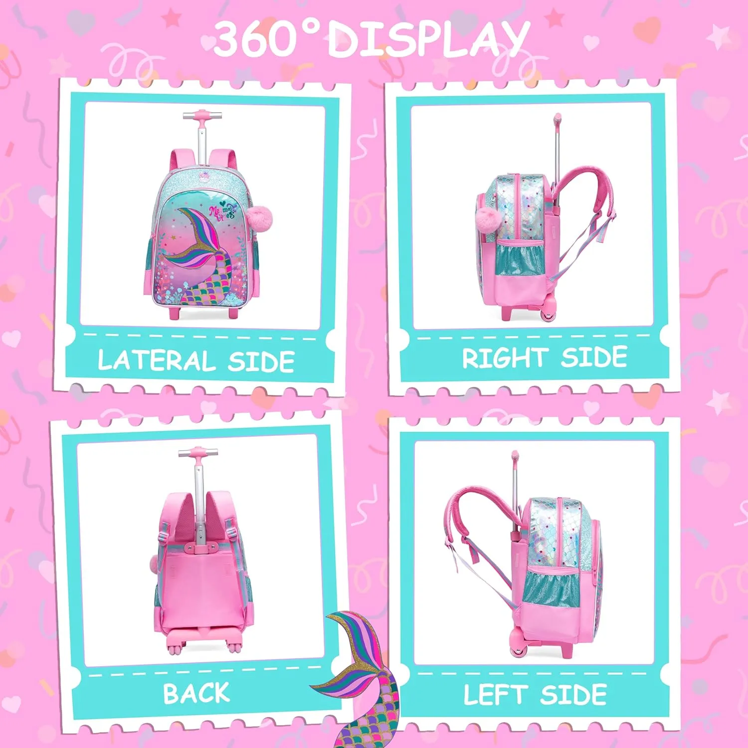 Mermaid Rolling Backpack for Girls with Lunch Box Kids Backpack with Wheels for School Cute Kids Rolling Backpacks for Girls Kindergarten