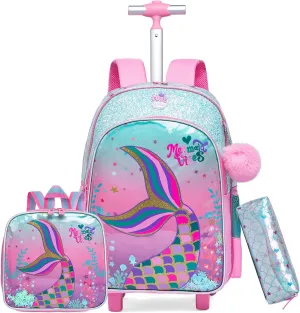 Mermaid Rolling Backpack for Girls with Lunch Box Kids Backpack with Wheels for School Cute Kids Rolling Backpacks for Girls Kindergarten