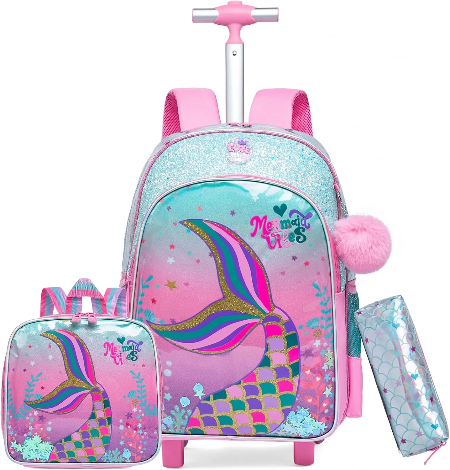 Mermaid Rolling Backpack for Girls with Lunch Box Kids Backpack with Wheels for School Cute Kids Rolling Backpacks for Girls Kindergarten