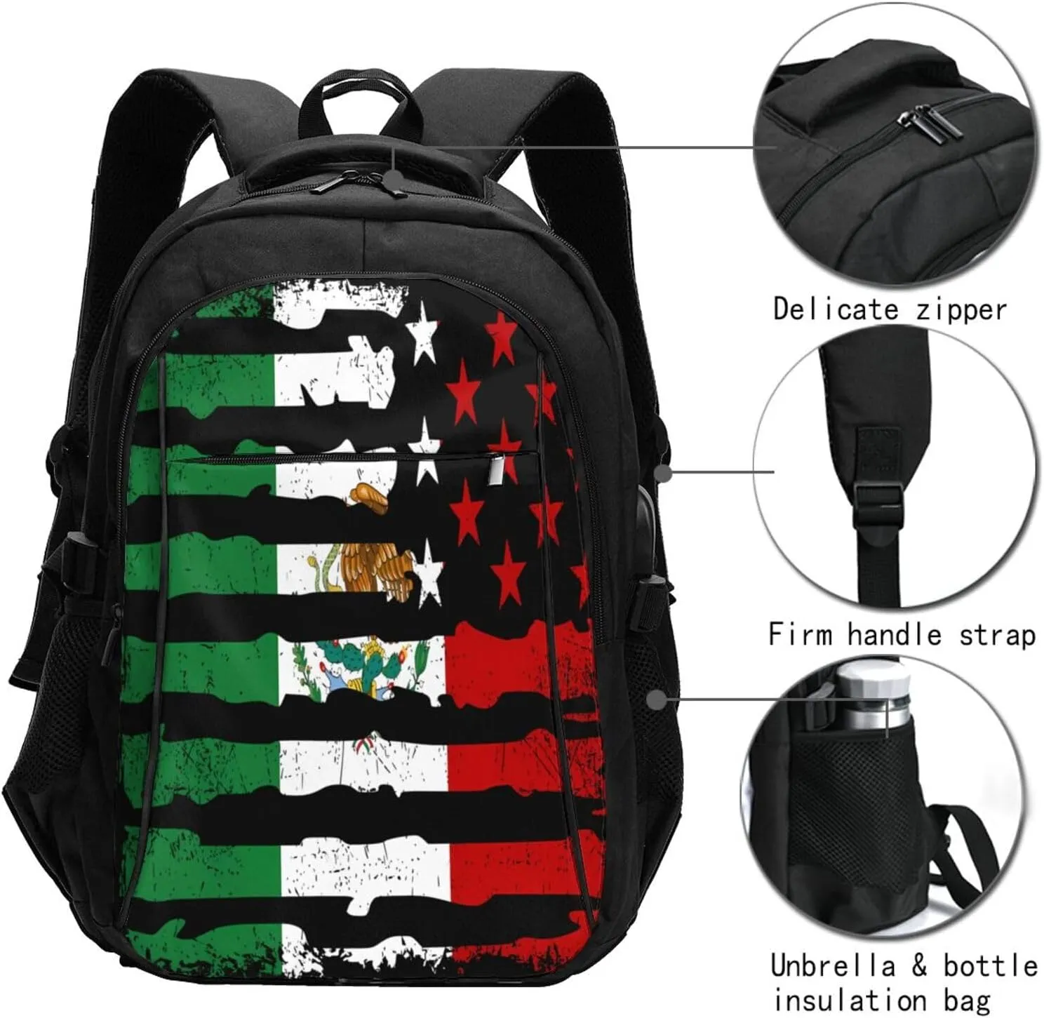 Mexican American Pride USA Flag Mexico Roots Casual Travel Backpacks Hiking Camping Backpack Large Outdoor Sport Daypack Laptop Rucksack Climbing Working Bags with USB Port