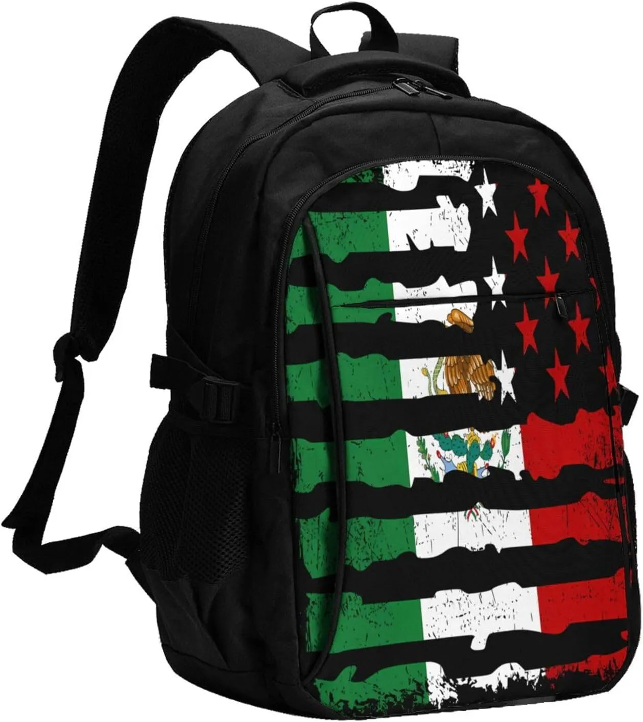 Mexican American Pride USA Flag Mexico Roots Casual Travel Backpacks Hiking Camping Backpack Large Outdoor Sport Daypack Laptop Rucksack Climbing Working Bags with USB Port