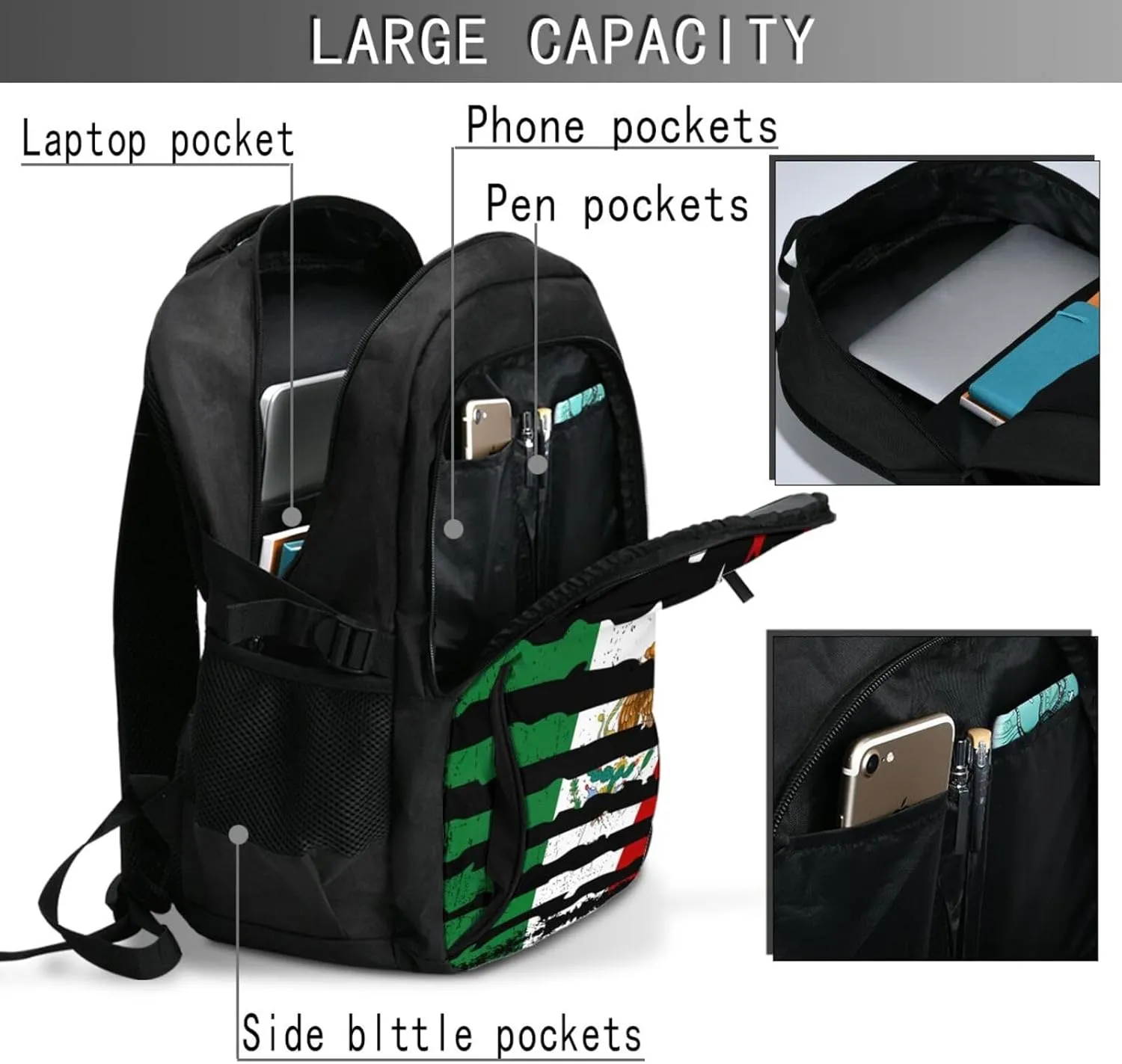 Mexican American Pride USA Flag Mexico Roots Casual Travel Backpacks Hiking Camping Backpack Large Outdoor Sport Daypack Laptop Rucksack Climbing Working Bags with USB Port