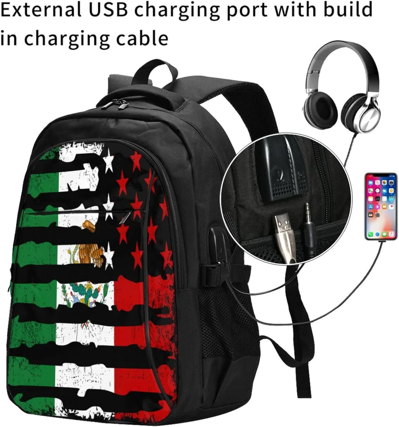 Mexican American Pride USA Flag Mexico Roots Casual Travel Backpacks Hiking Camping Backpack Large Outdoor Sport Daypack Laptop Rucksack Climbing Working Bags with USB Port