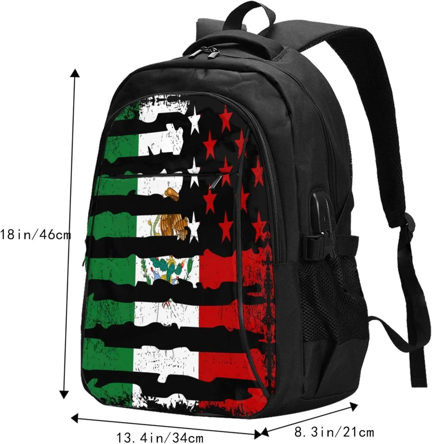 Mexican American Pride USA Flag Mexico Roots Casual Travel Backpacks Hiking Camping Backpack Large Outdoor Sport Daypack Laptop Rucksack Climbing Working Bags with USB Port