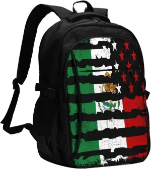 Mexican American Pride USA Flag Mexico Roots Casual Travel Backpacks Hiking Camping Backpack Large Outdoor Sport Daypack Laptop Rucksack Climbing Working Bags with USB Port