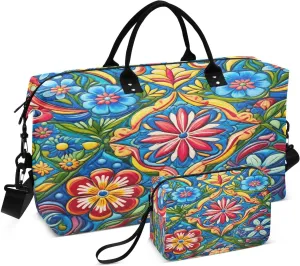 Mexican Floral Ceramic Tile Travel Duffel Bag, Shoulder Weekender Overnight Bags - Large Gym Bag with Wet Pocket