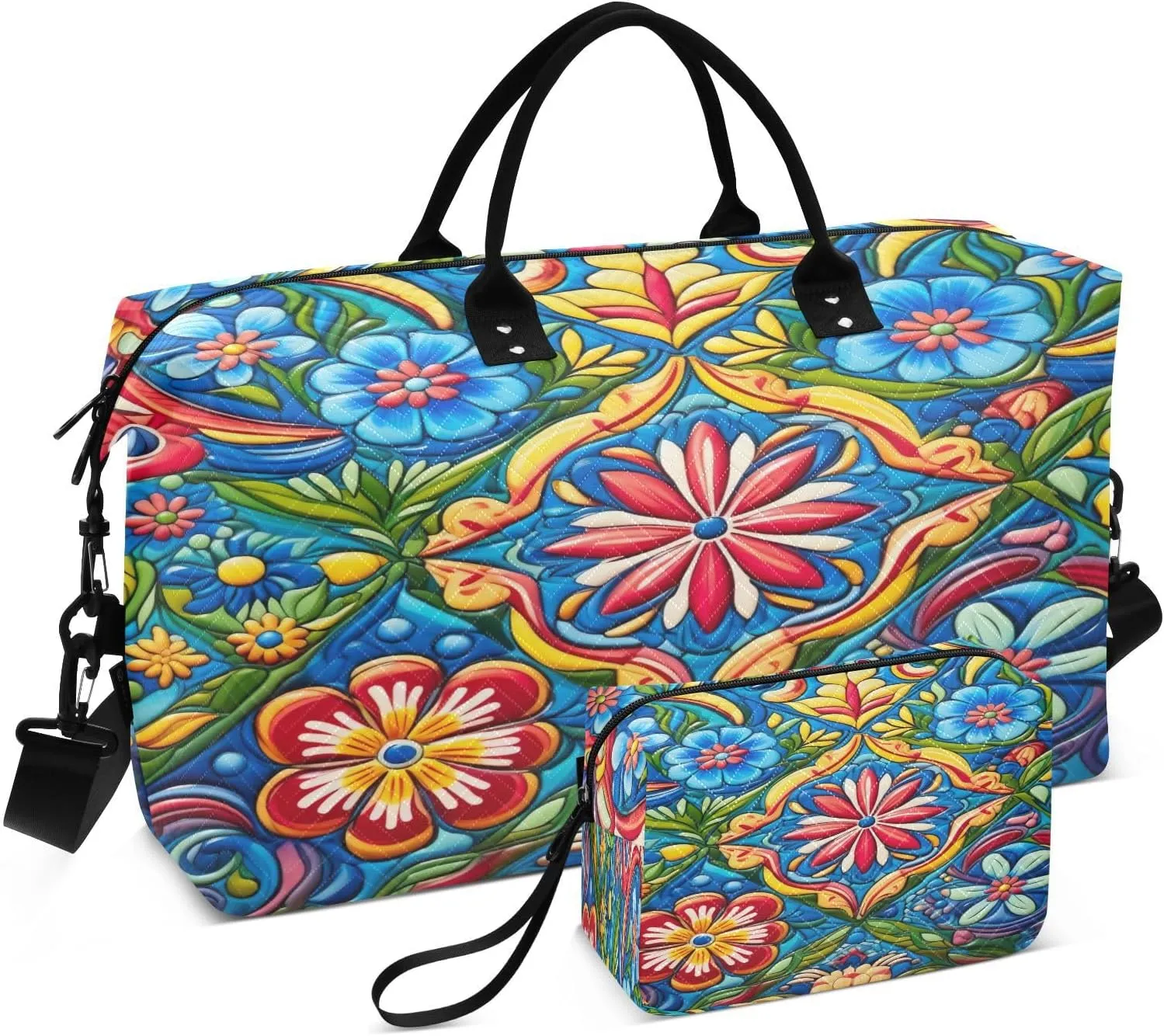 Mexican Floral Ceramic Tile Travel Duffel Bag, Shoulder Weekender Overnight Bags - Large Gym Bag with Wet Pocket