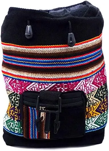 Mia Jewel Shop Mini Multicolored Peruvian Tribal Print Striped Pattern Lightweight Drawstring Backpack - Handmade Bags Boho Accessories (Black)
