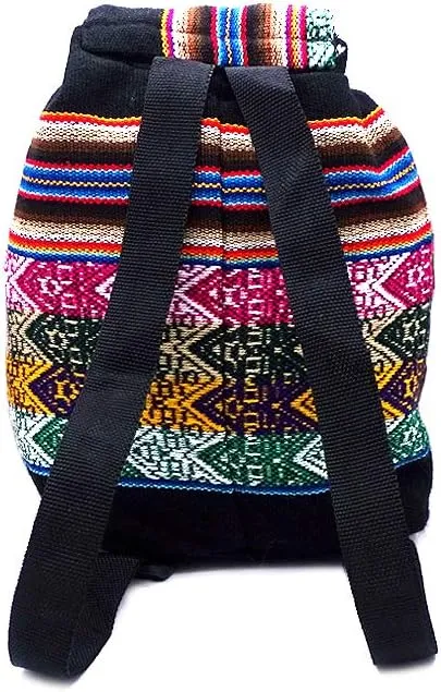 Mia Jewel Shop Mini Multicolored Peruvian Tribal Print Striped Pattern Lightweight Drawstring Backpack - Handmade Bags Boho Accessories (Black)