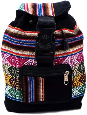 Mia Jewel Shop Mini Multicolored Peruvian Tribal Print Striped Pattern Lightweight Drawstring Backpack - Handmade Bags Boho Accessories (Black)