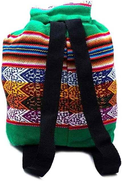 Mia Jewel Shop Mini Multicolored Peruvian Tribal Print Striped Pattern Lightweight Drawstring Backpack - Handmade Bags Boho Accessories (Green)