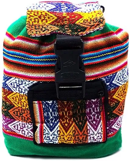 Mia Jewel Shop Mini Multicolored Peruvian Tribal Print Striped Pattern Lightweight Drawstring Backpack - Handmade Bags Boho Accessories (Green)