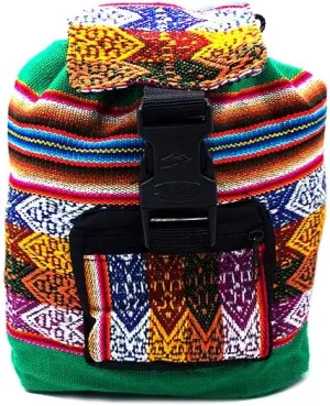 Mia Jewel Shop Mini Multicolored Peruvian Tribal Print Striped Pattern Lightweight Drawstring Backpack - Handmade Bags Boho Accessories (Green)