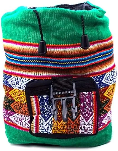 Mia Jewel Shop Mini Multicolored Peruvian Tribal Print Striped Pattern Lightweight Drawstring Backpack - Handmade Bags Boho Accessories (Green)