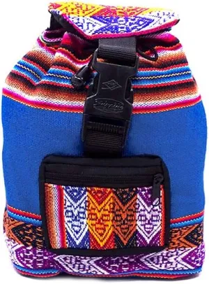 Mia Jewel Shop Mini Multicolored Peruvian Tribal Print Striped Pattern Lightweight Drawstring Backpack - Handmade Bags Boho Accessories (Turquoise)