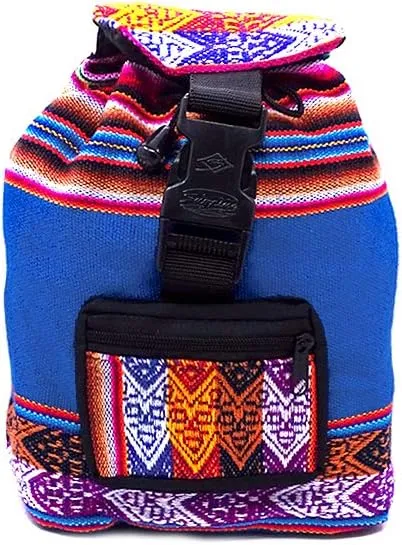 Mia Jewel Shop Mini Multicolored Peruvian Tribal Print Striped Pattern Lightweight Drawstring Backpack - Handmade Bags Boho Accessories (Turquoise)