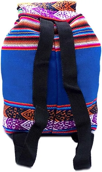 Mia Jewel Shop Mini Multicolored Peruvian Tribal Print Striped Pattern Lightweight Drawstring Backpack - Handmade Bags Boho Accessories (Turquoise)