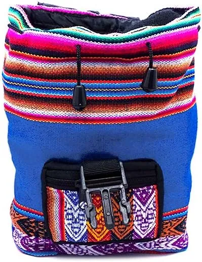 Mia Jewel Shop Mini Multicolored Peruvian Tribal Print Striped Pattern Lightweight Drawstring Backpack - Handmade Bags Boho Accessories (Turquoise)